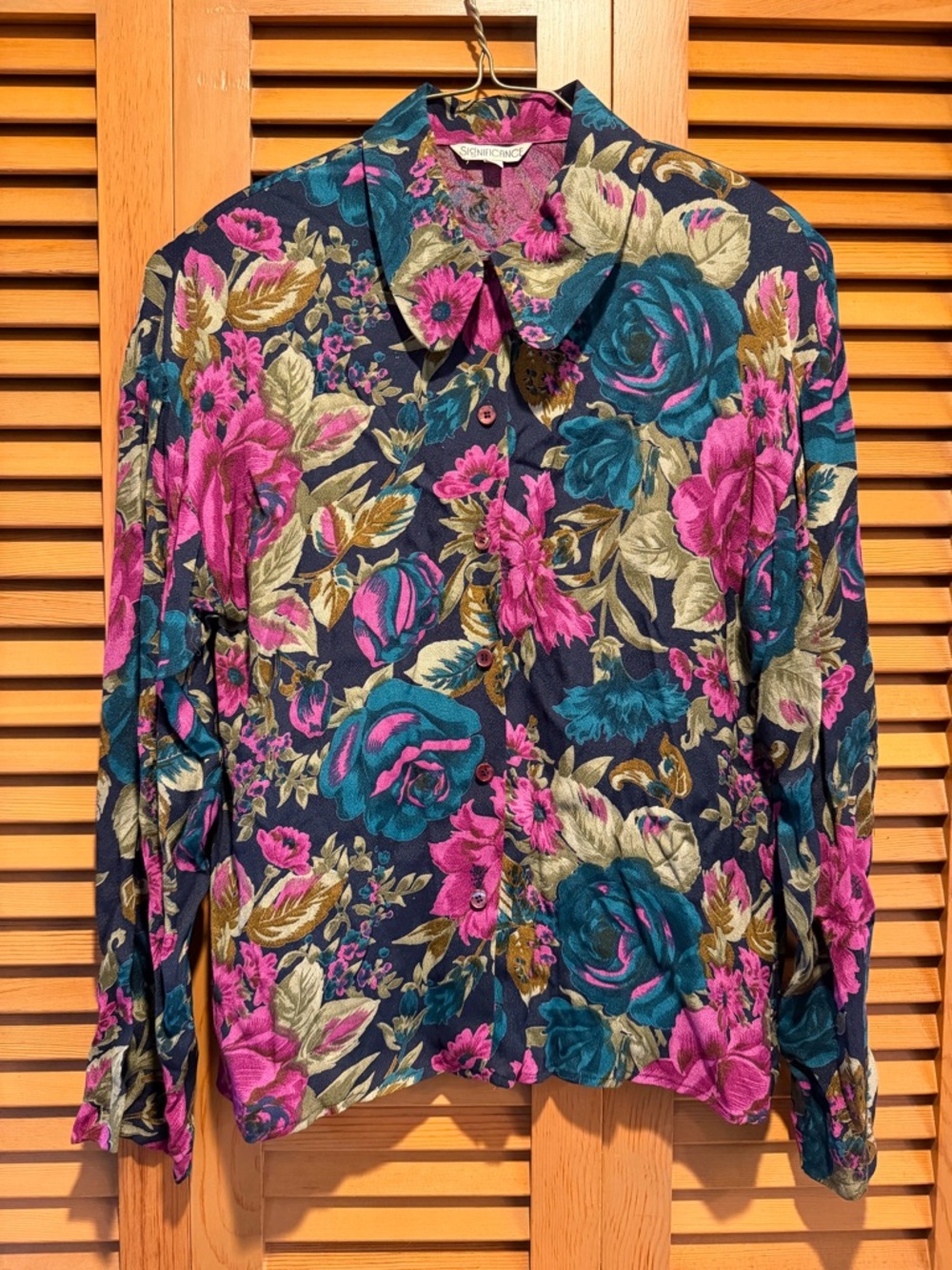 Vintage Floral Button-Up Top - Navy with Teal & Fuchsia